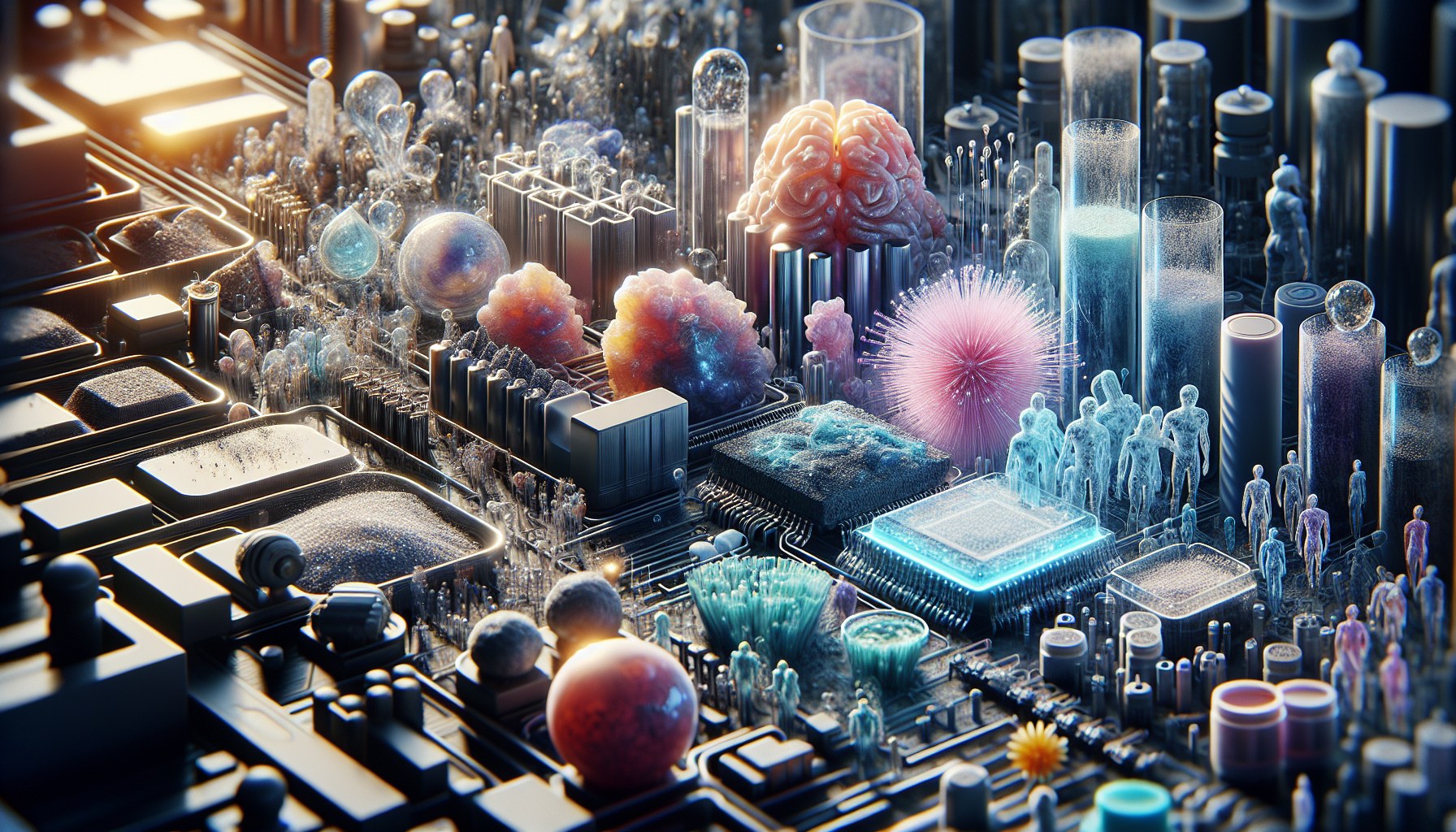 Create a visual representation of the future of AI-transformation in business using a texture-rich, extreme macro photog