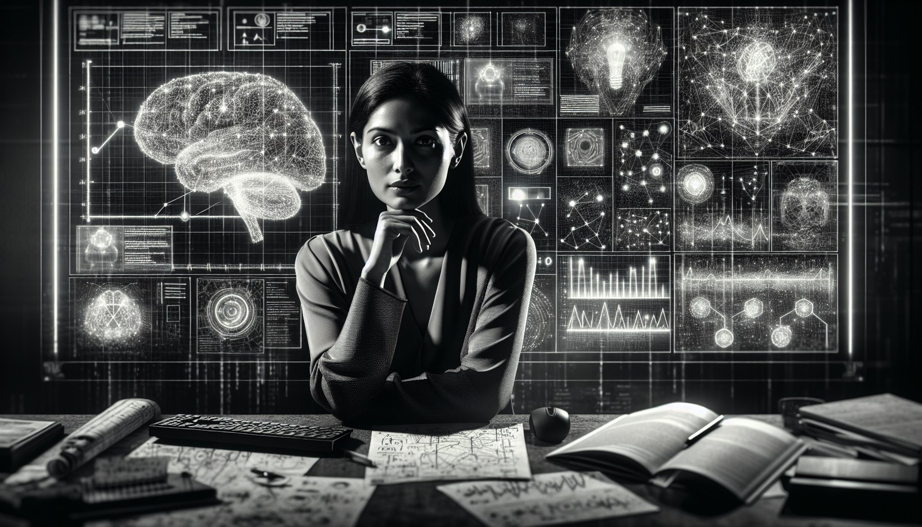 Imagine a high-contrast black-and-white environmental portrait of an AI researcher in their workspace, taking influence 