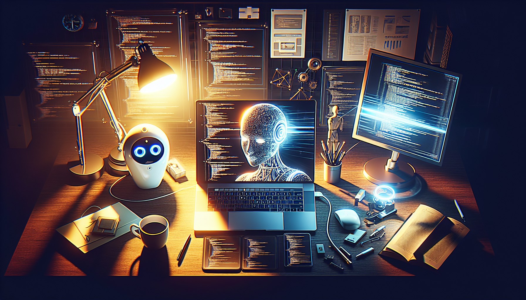 Imagine an overhead view of a modern, cluttered developer's desk by the twilight. The central focus is a laptop with ele