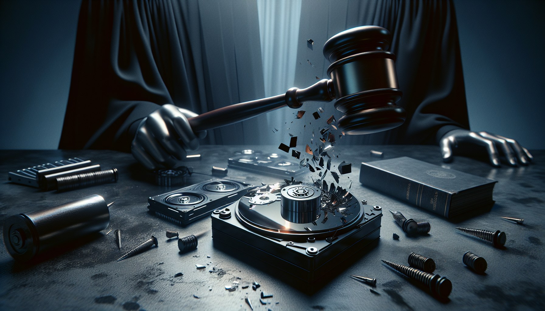 Visualize a highly dramatic and metaphorical scene with a cinematic 16:9 layout that conveys legal risks associated with
