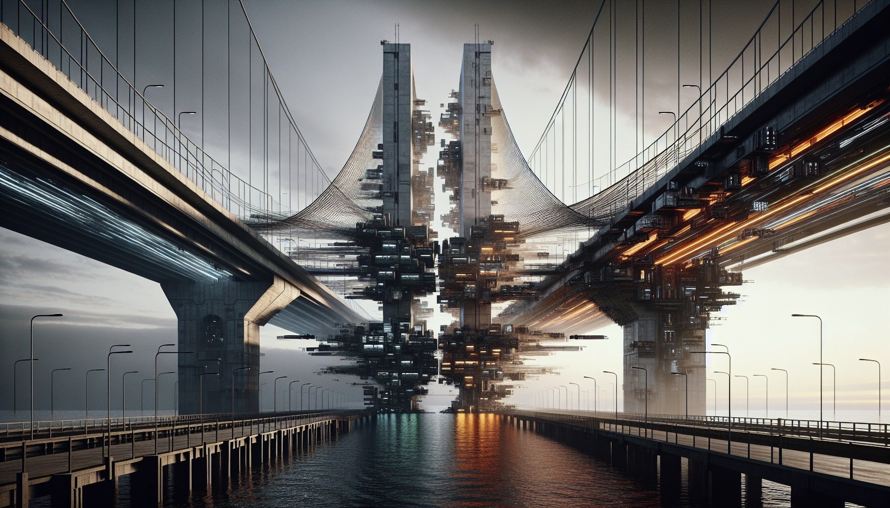 Create an editorial illustration of two identical bridges in a brutalist style. One of the bridges begins to vibrate und