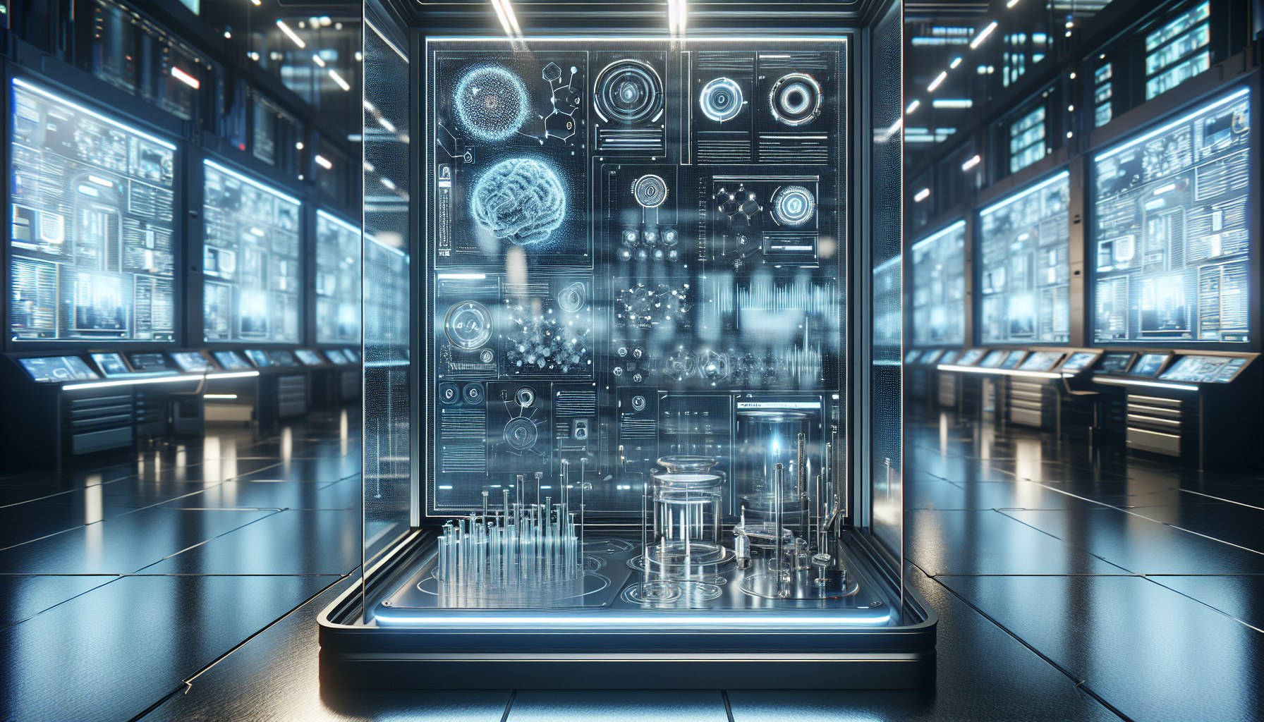 Create an image of a futuristic laboratory equipped with cutting-edge technology. The image is focused on a transparent 