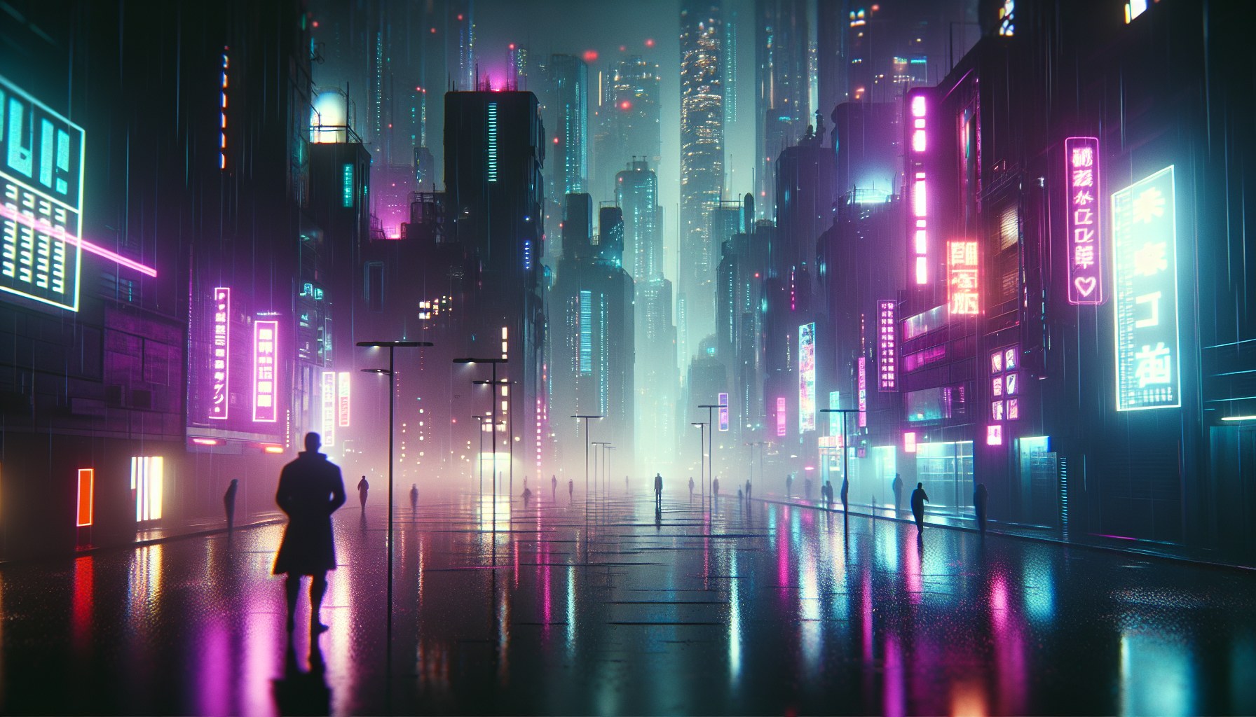 Depict a 16:9 editorial composition representing a futuristic, cyberpunk-inspired metropolis during rainfall at night. T