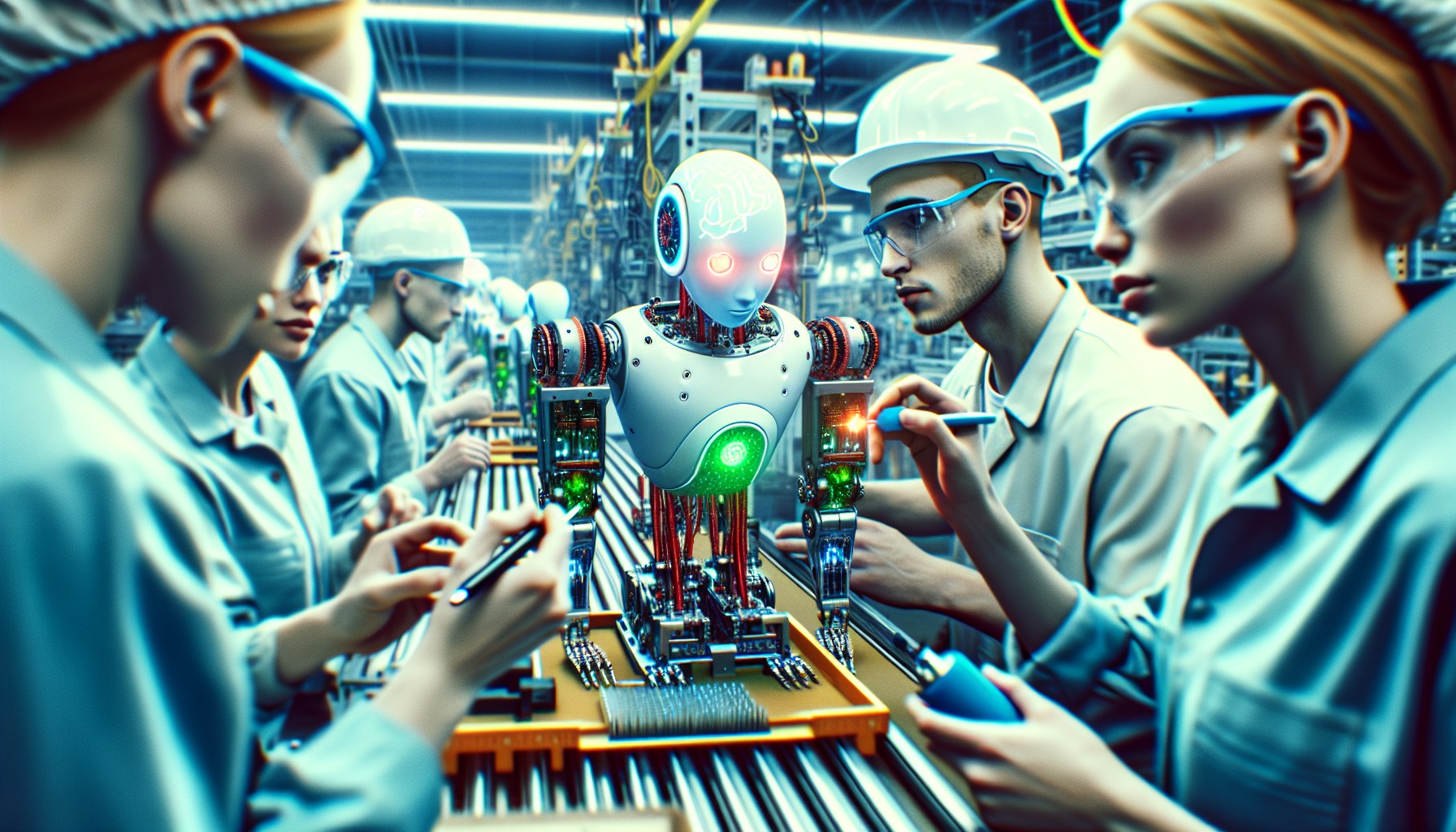 A vivid photojournalistic image capturing the realistic scenario of artificial intelligent robots on an assembly line. P