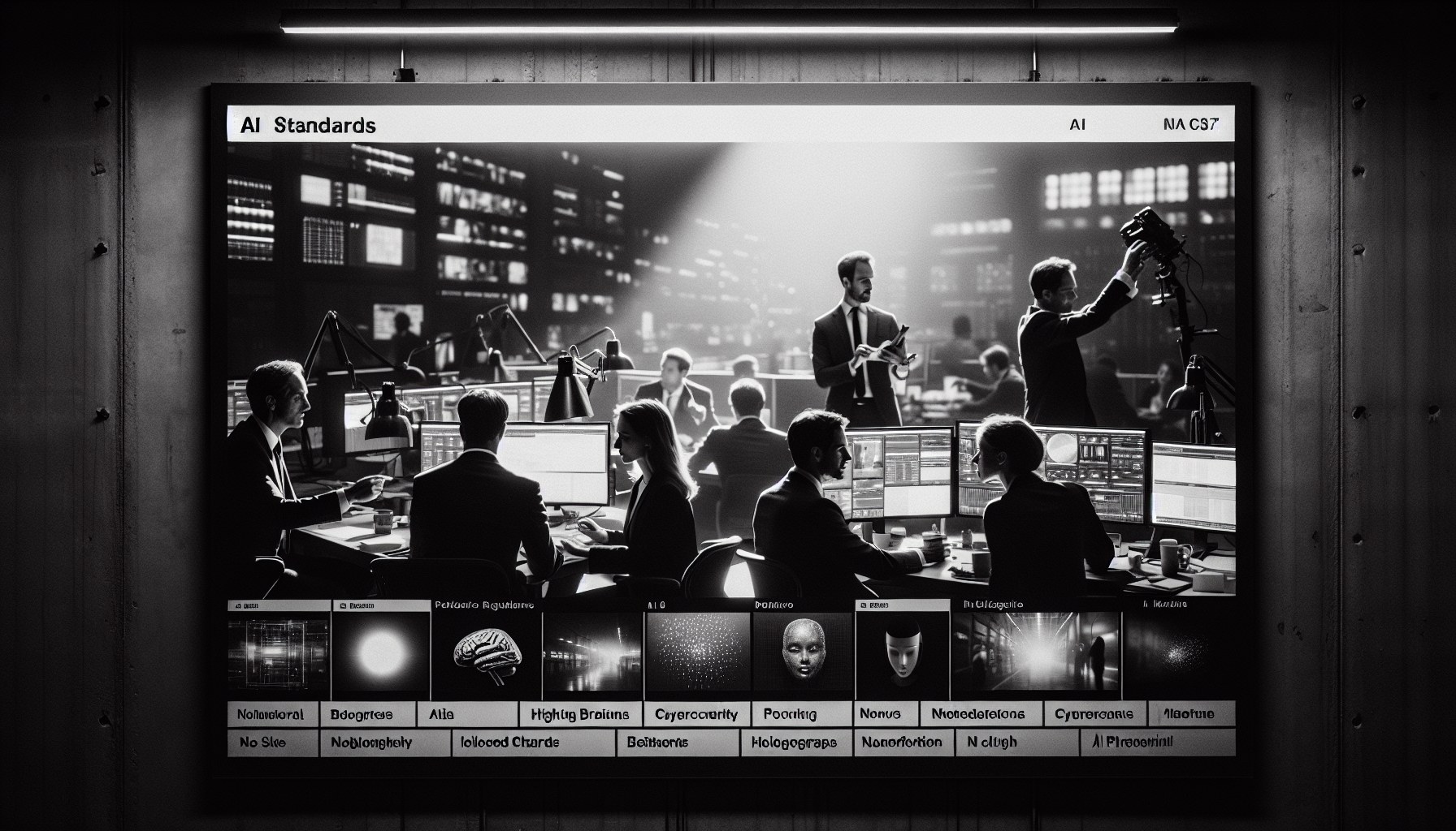 Imagine a dramatic black-and-white scene capturing a candid moment in a working environment. The scene is composed in a 