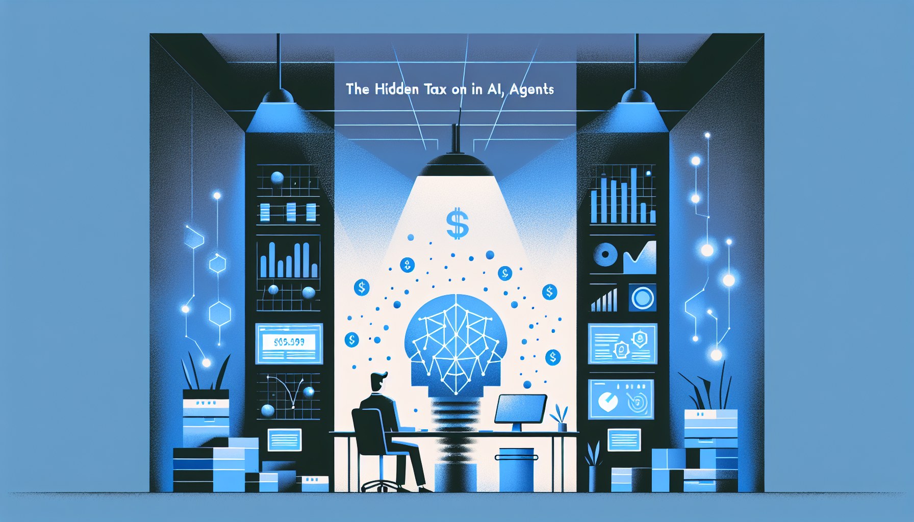 Create an editorial 16:9 illustration in a flat 2D composition which uses a cool blue-grey, slightly desaturated palette