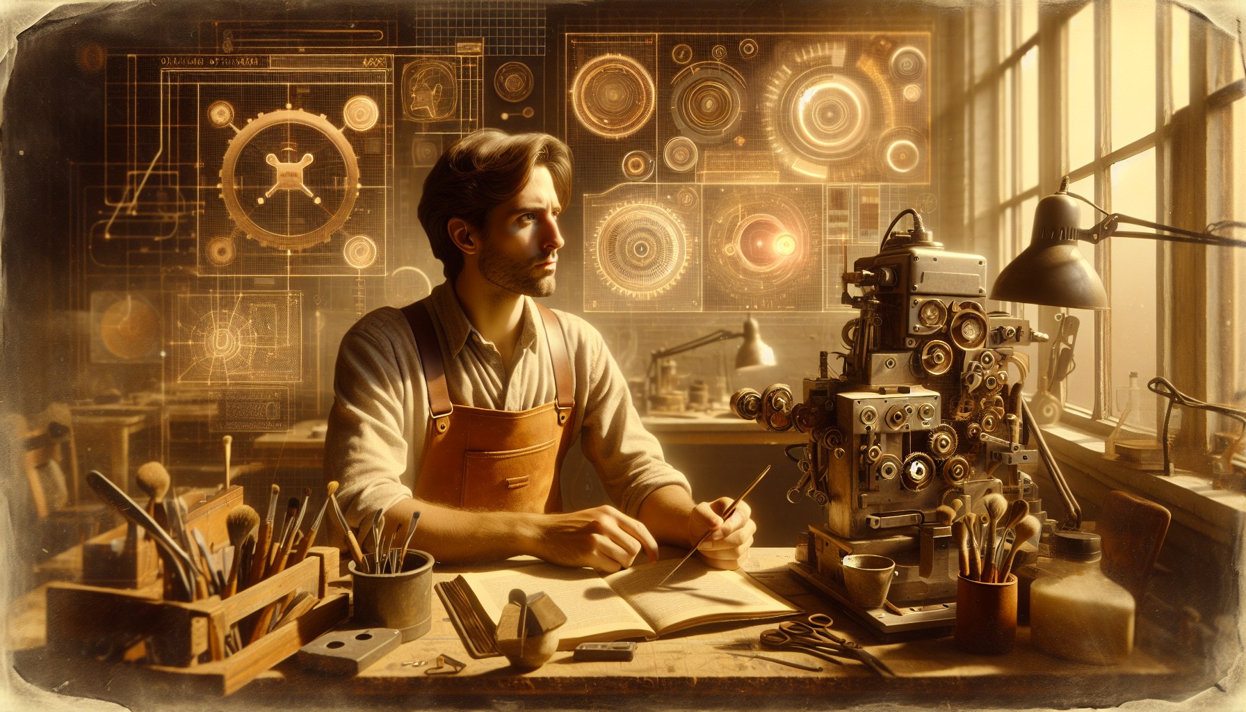 Visualize an environmental portrait in the style of Ann Leibovitz before 1912. The subject is a technical professional, 