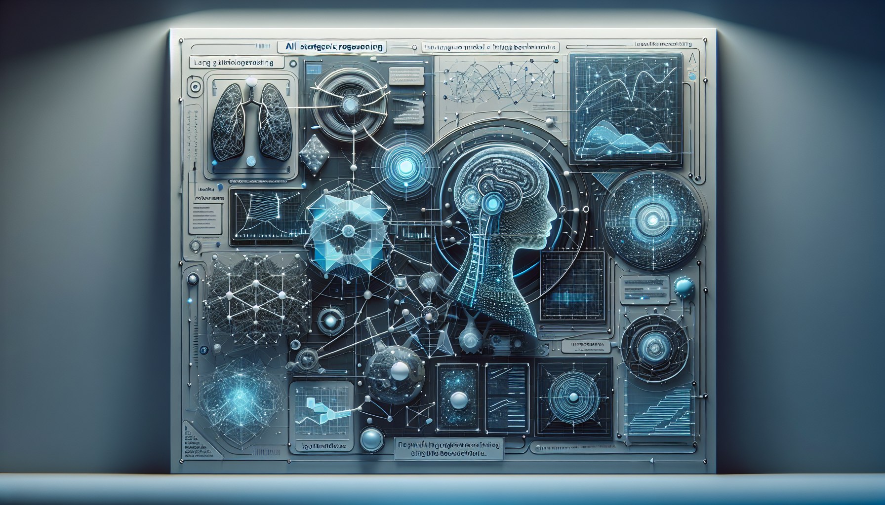 Imagine an infographic-style image with abstract geometric forms representing concepts like flows, networks, layers, and