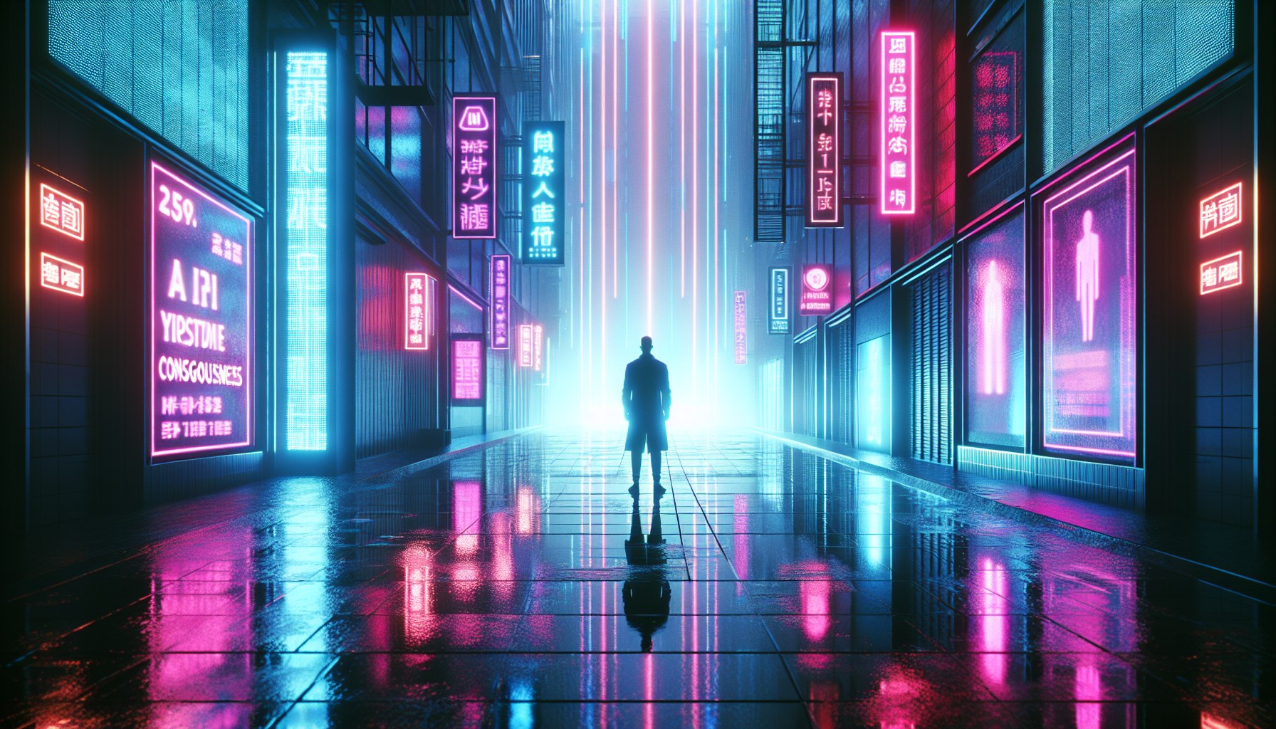 Envision an urban-tech scene inspired by the neon cyberpunk aesthetic. The composition includes a wet pavement that refl