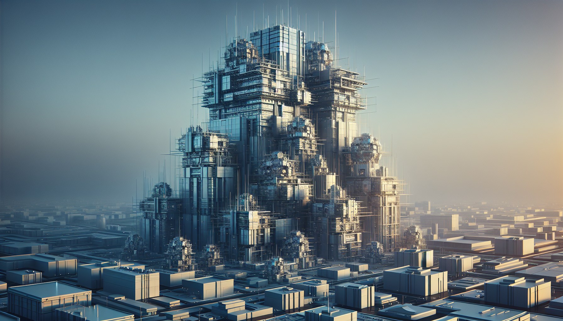 Create an image with a wide-angle architectural or landscape composition echoing the aesthetics of a large-format film. 