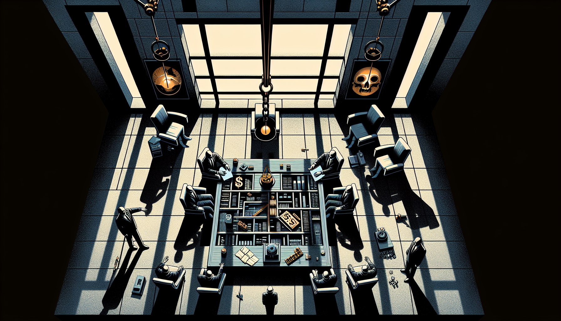 Create an editorial illustration that has a cinematic feel, similar to a frame from Stanley Kubrick's film or an art-hou
