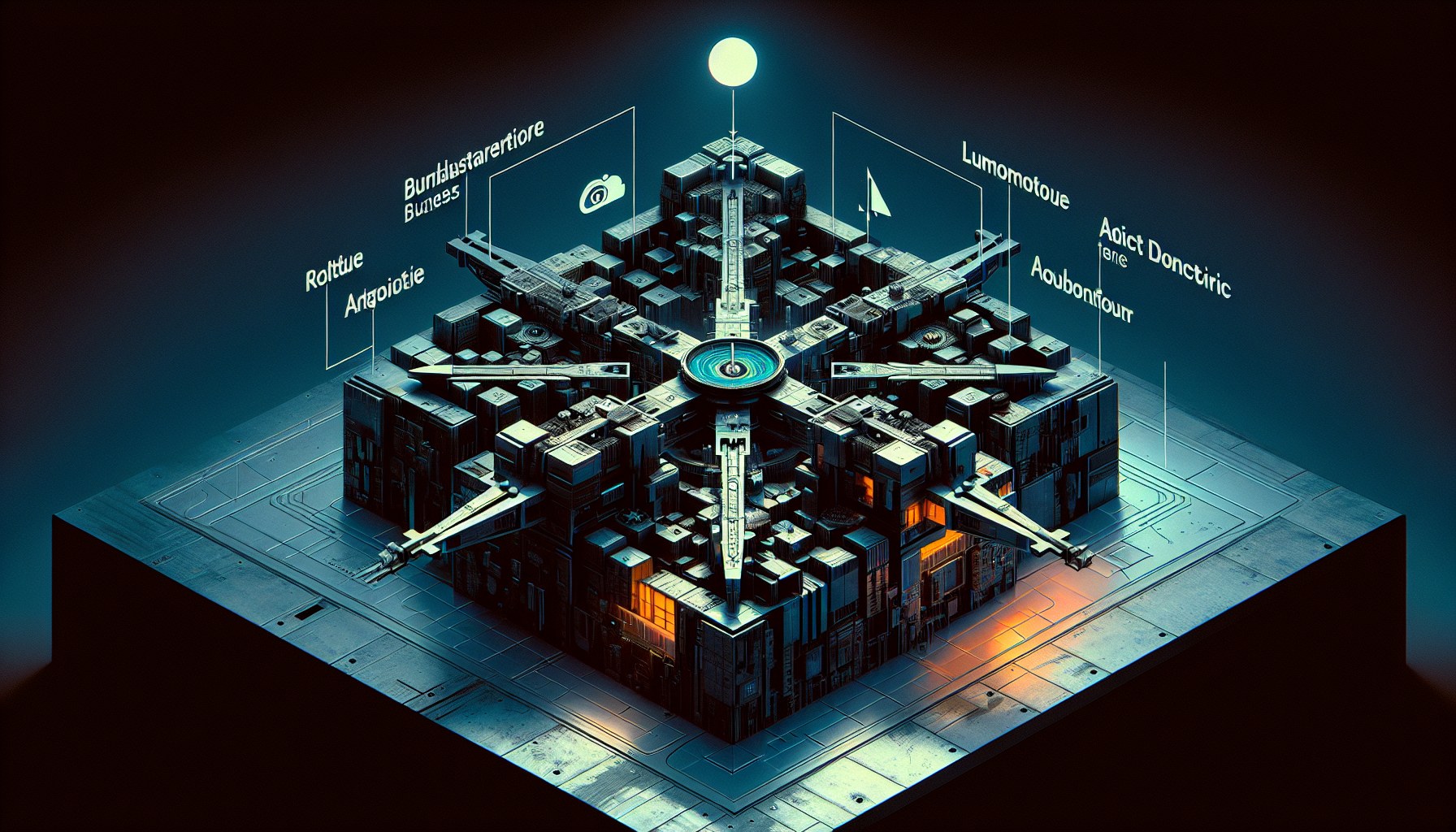 Create an editorial illustration that falls somewhere between a Stanley Kubrick film shot, a Wired magazine spread, and 