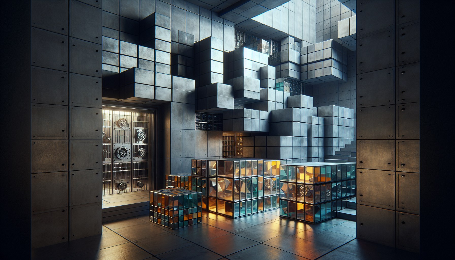 A conceptual, photorealistic image drawing on brutalist aesthetics and featuring strong geometric principles. The main f