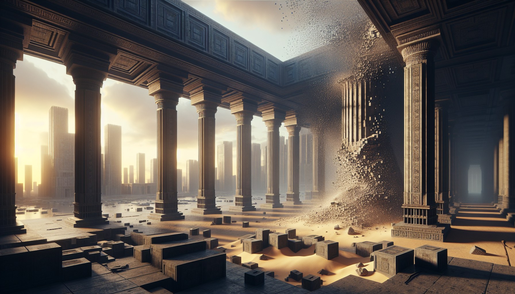 Render a wide-angle 16:9 composition of a built environment framed in the aesthetic of large-format film, bathed in the 