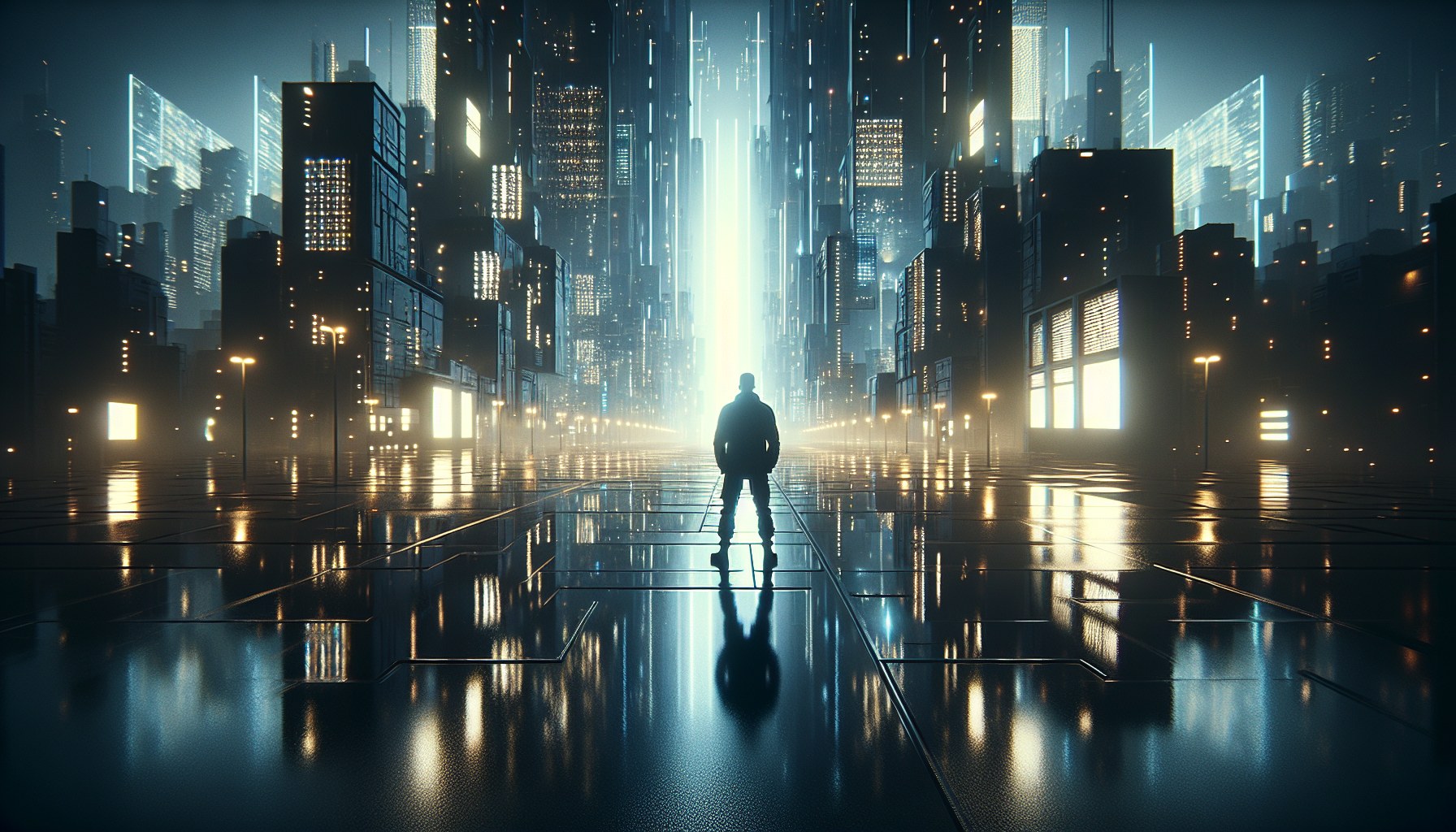Create an image that represents a futuristic vision of a cyberpunk cityscape at night. The scene should be composed of a