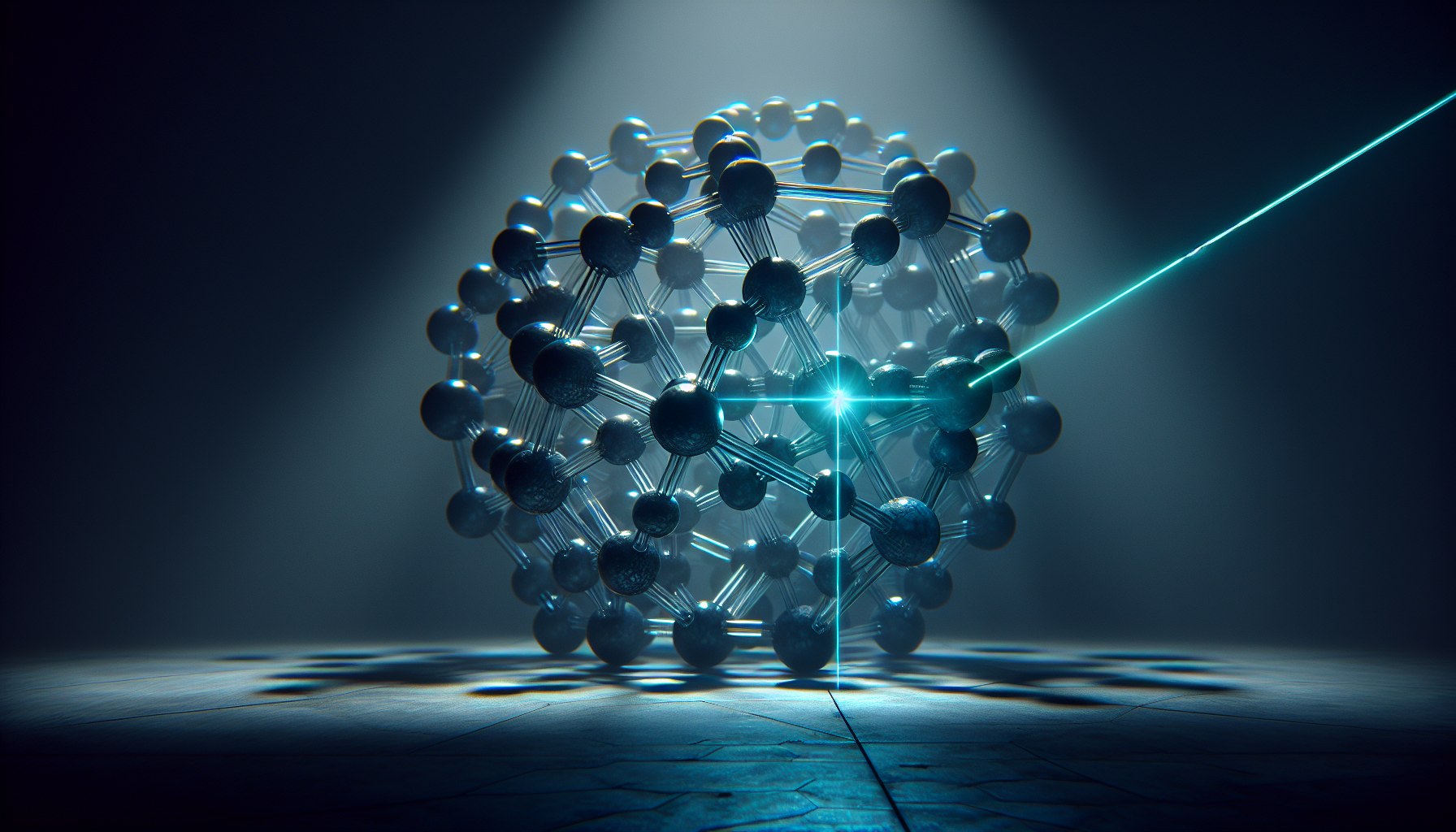 Envision a high-angle close-up shot of a translucent, complex molecular lattice structure being probed by a thin, sharp 