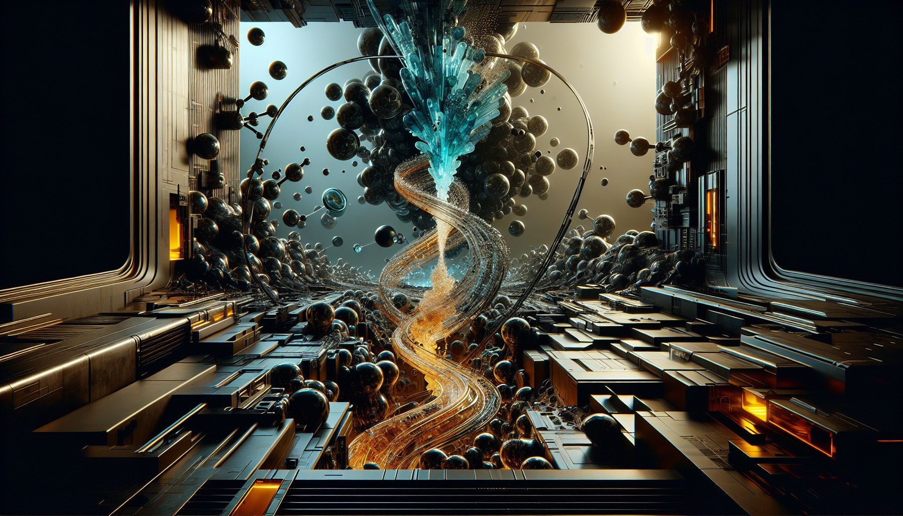A high-angle, cinematic image of wide 16:9 dimensions that brings together a complex, macro-detailed protein structure t