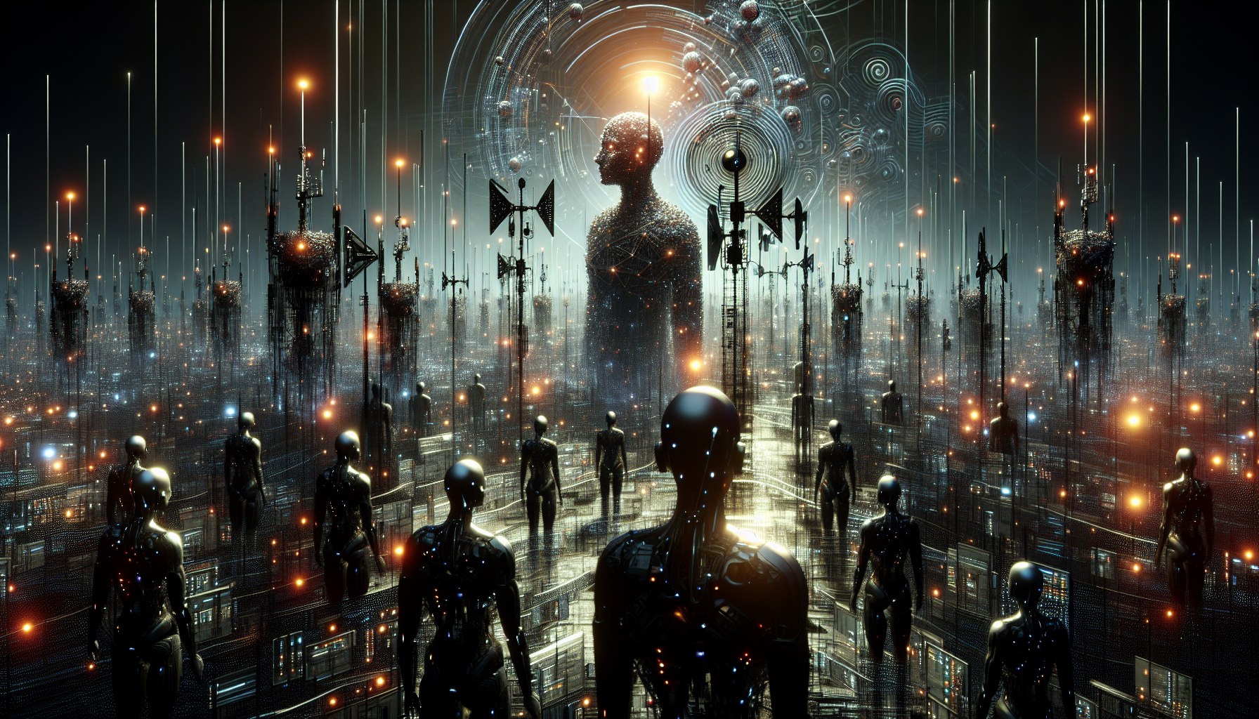 Create a visual dramatization of the concept of autonomous AI agents in telecommunications, developing communication pro