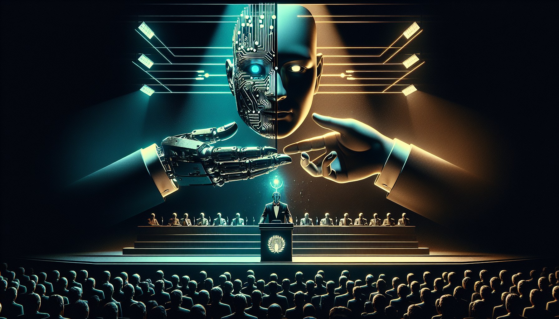 Create a cinematic editorial illustration with a strong sense of geometry and dramatic chiaroscuro lighting. The image s