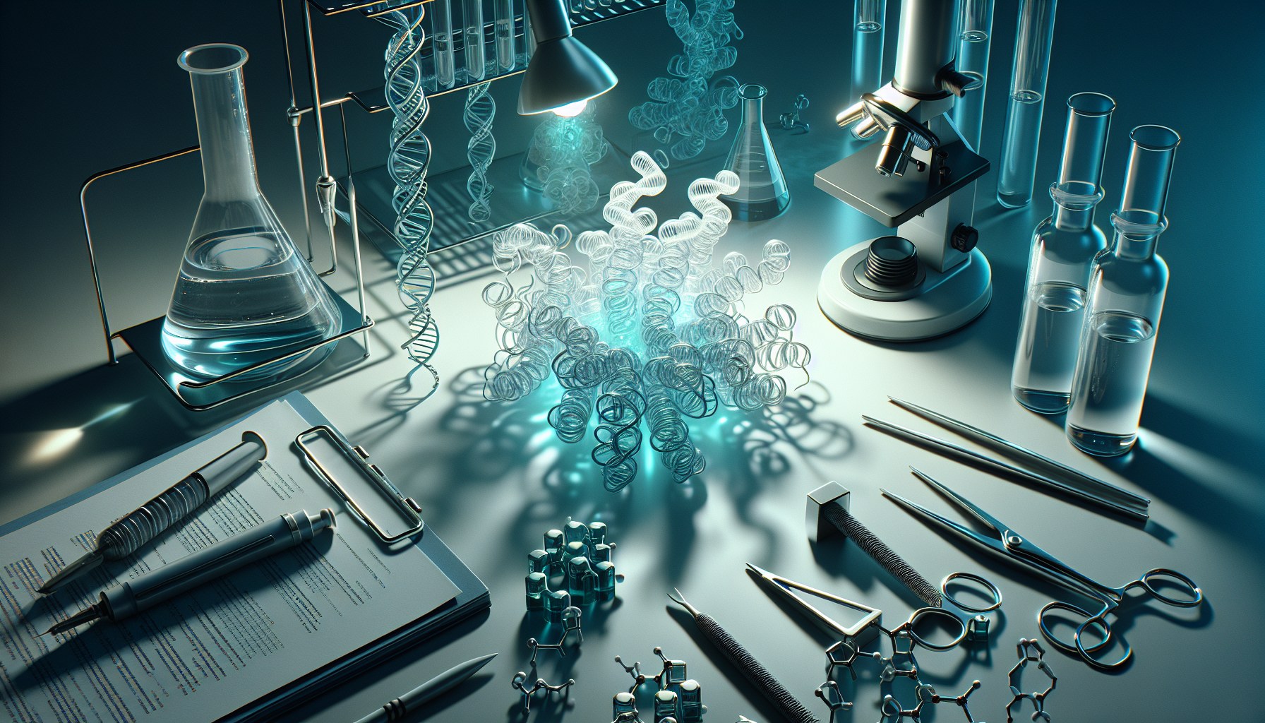 Create a meticulous still-life image with a clean neutral surface, with objects like lab equipment, instruments, and pap