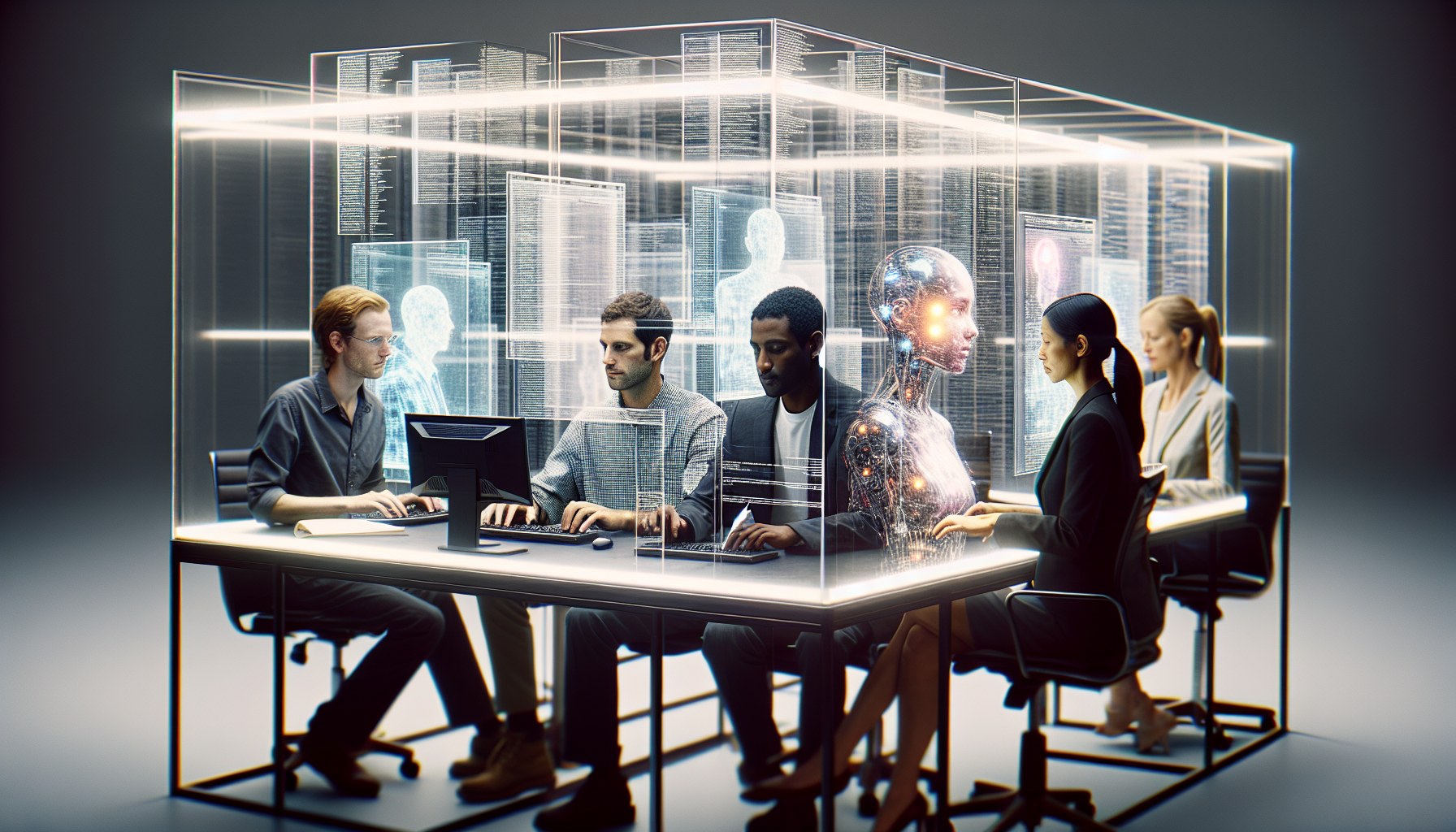 Envision a photographic image capturing a candid, unposed moment featuring four individuals working within a transparent