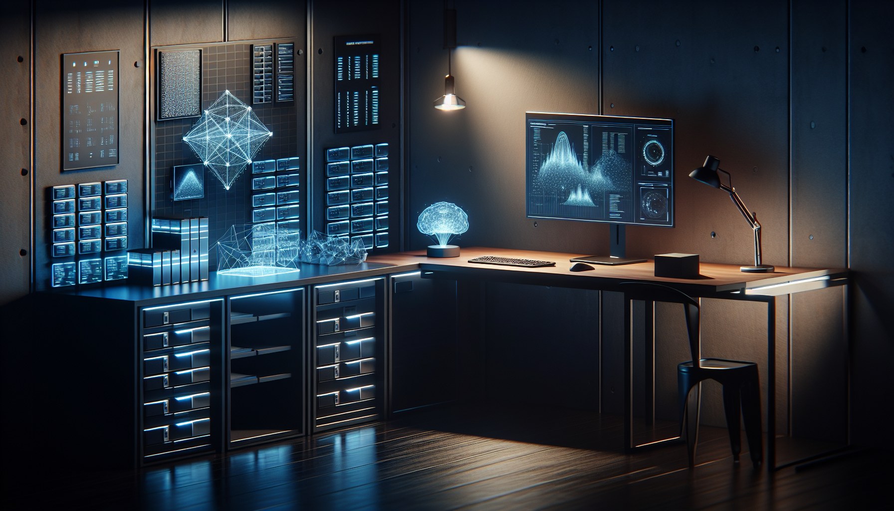 Create a cinematically styled, high-angle, wide shot with a cool blue-grey palette. The scene is a minimalist, dark oak 