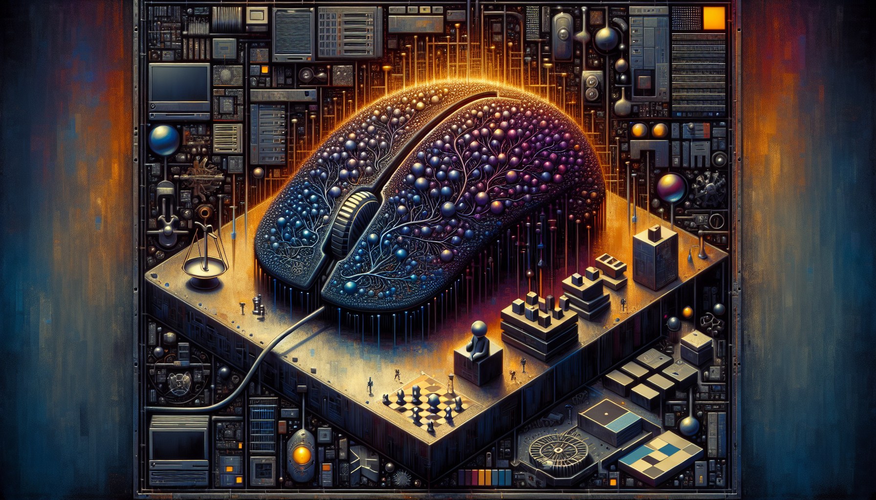 Create an editorial illustration that encompasses a stylized neural network forming the shape of a computer mouse. The i