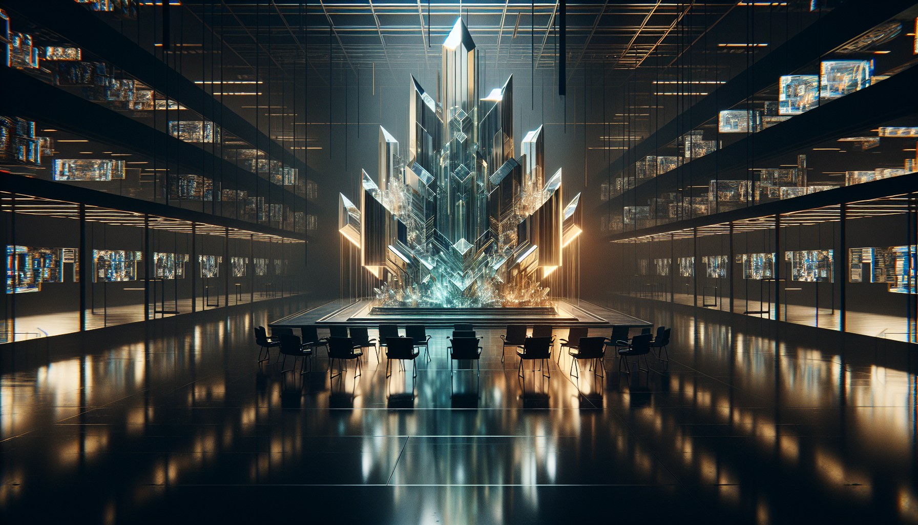 Visualize a crystal structure growing in a digital space, bearing a slight resemblance to the architecture of a Prism so