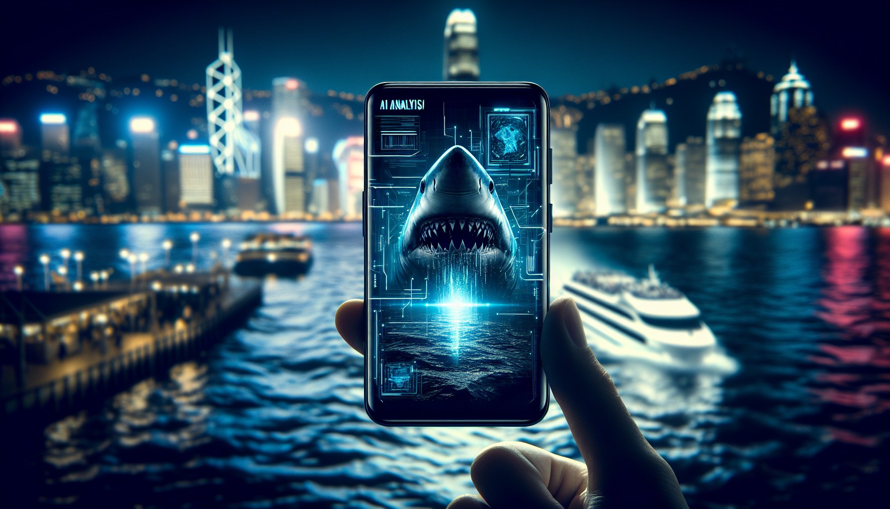 Generate a striking, wide-angle shot featuring a close-up of an unbranded smartphone screen. The screen displays a futur