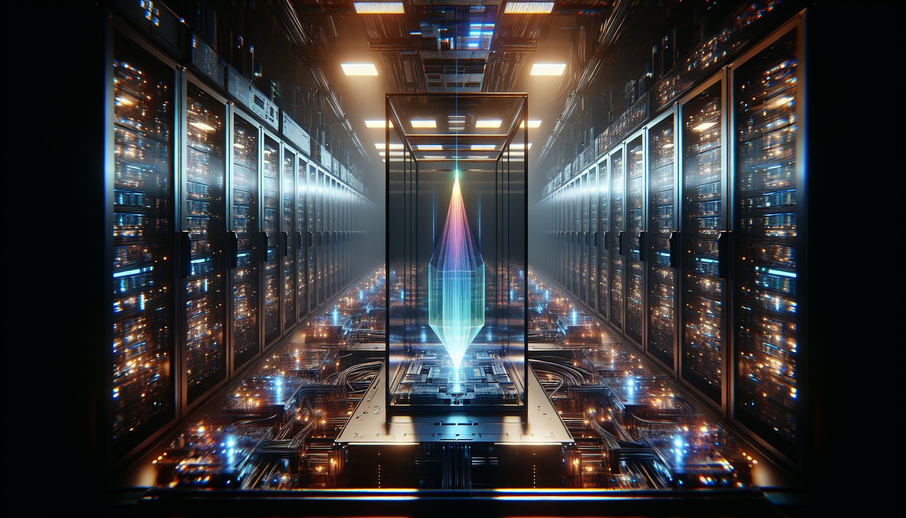 Create a wide-angle, cinematic shot of a high-tech server room in the style of a theatrical chiaroscuro lighting. A sing