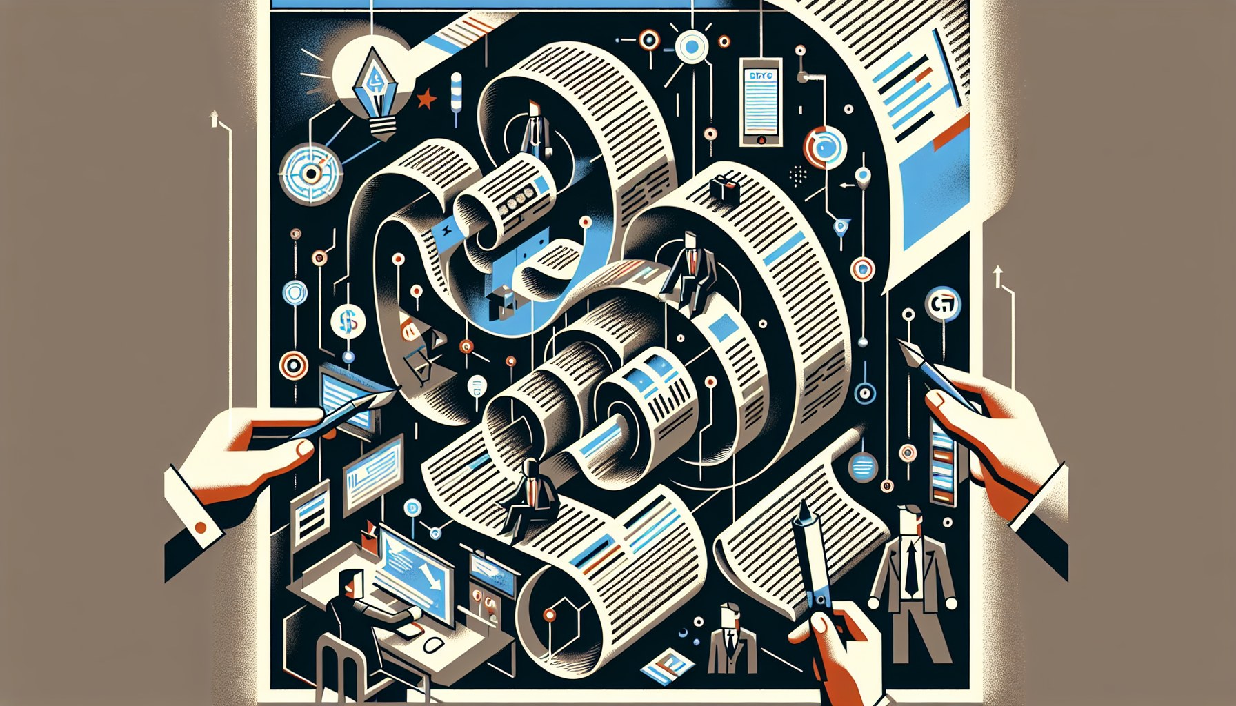 Create a warm, optimistic, stylised editorial illustration conveying the concept of an endless scroll of digital parchme