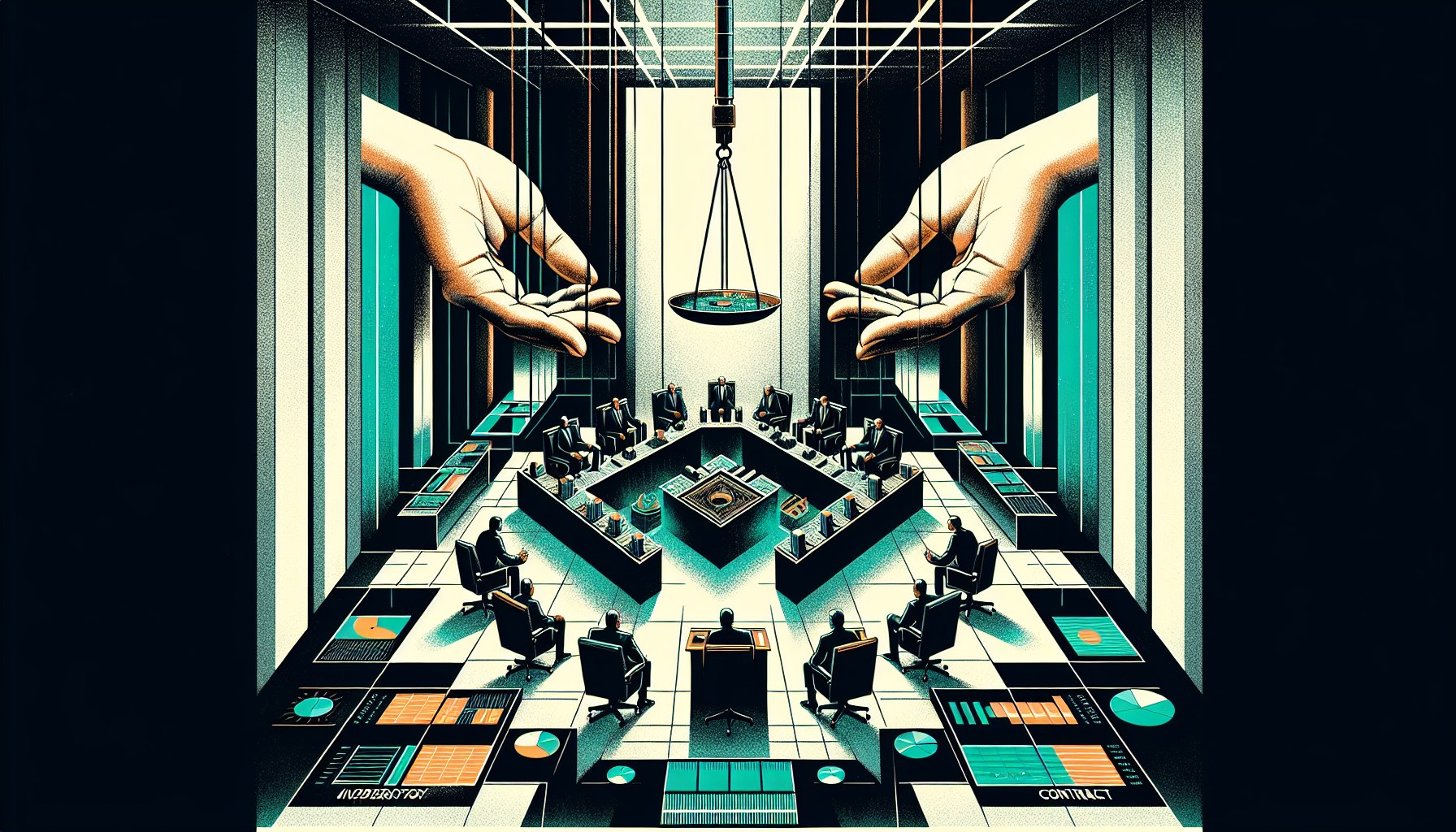 Create a cinematic 16:9 editorial illustration that combines elements reminiscent of a Stanley Kubrick film and a brutal