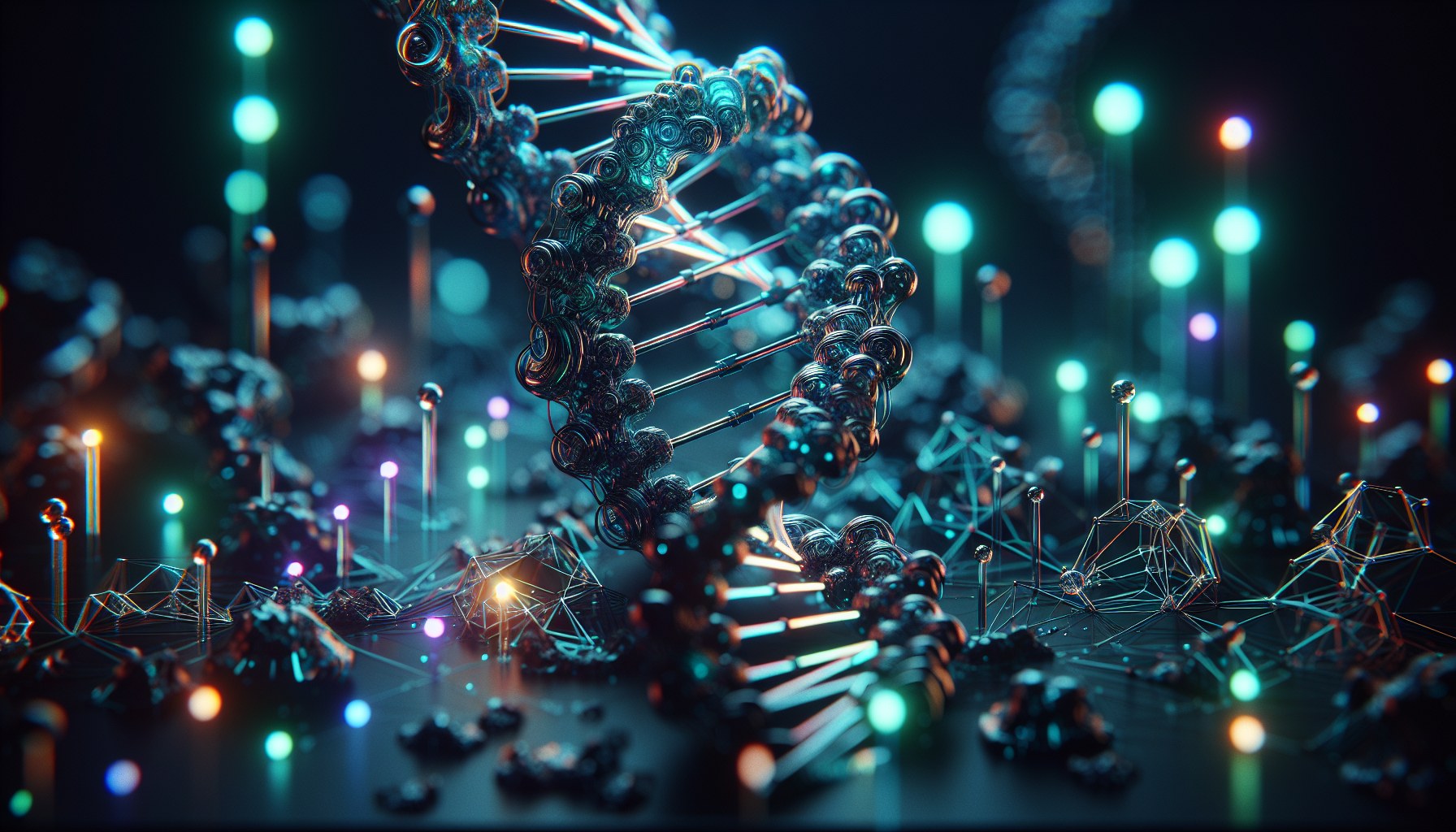 Imagine a cinematic image capturing the intersection of technology and biology. In the center, there's a close-up view o