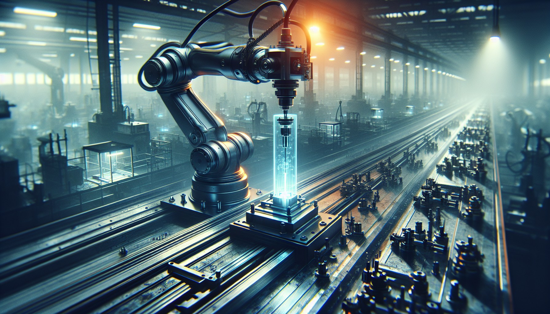 A visually tense and intriguing high-angle medium shot of a robotic arm at work in a gritty, real-world workshop, illust