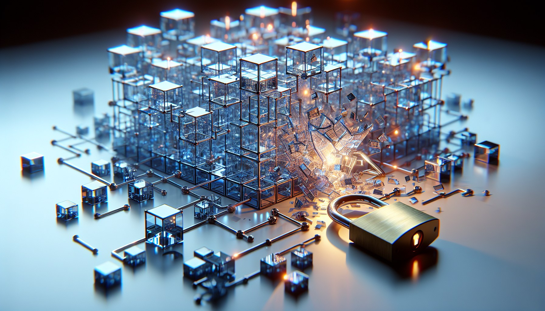 Create a wide-angle, cinematic still life shot of a complex, transparent glass labyrinth on a clean, neutral surface, sy